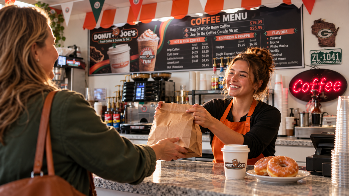 Barista handing a bag to a customer at Donut Joe’s, with coffee and glazed donuts on the counter.